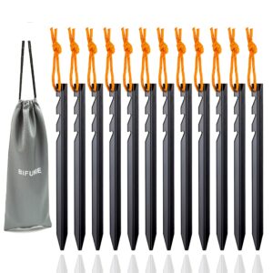 Aluminum Tent Stakes Pegs, 12-Pack Aluminum Ground Pegs with Reflective Pull Ropes, Heavy Duty Tri-Beam Metal Stakes Pegs for Backpacking Camping Tents Hammocks and Canopy (Black)