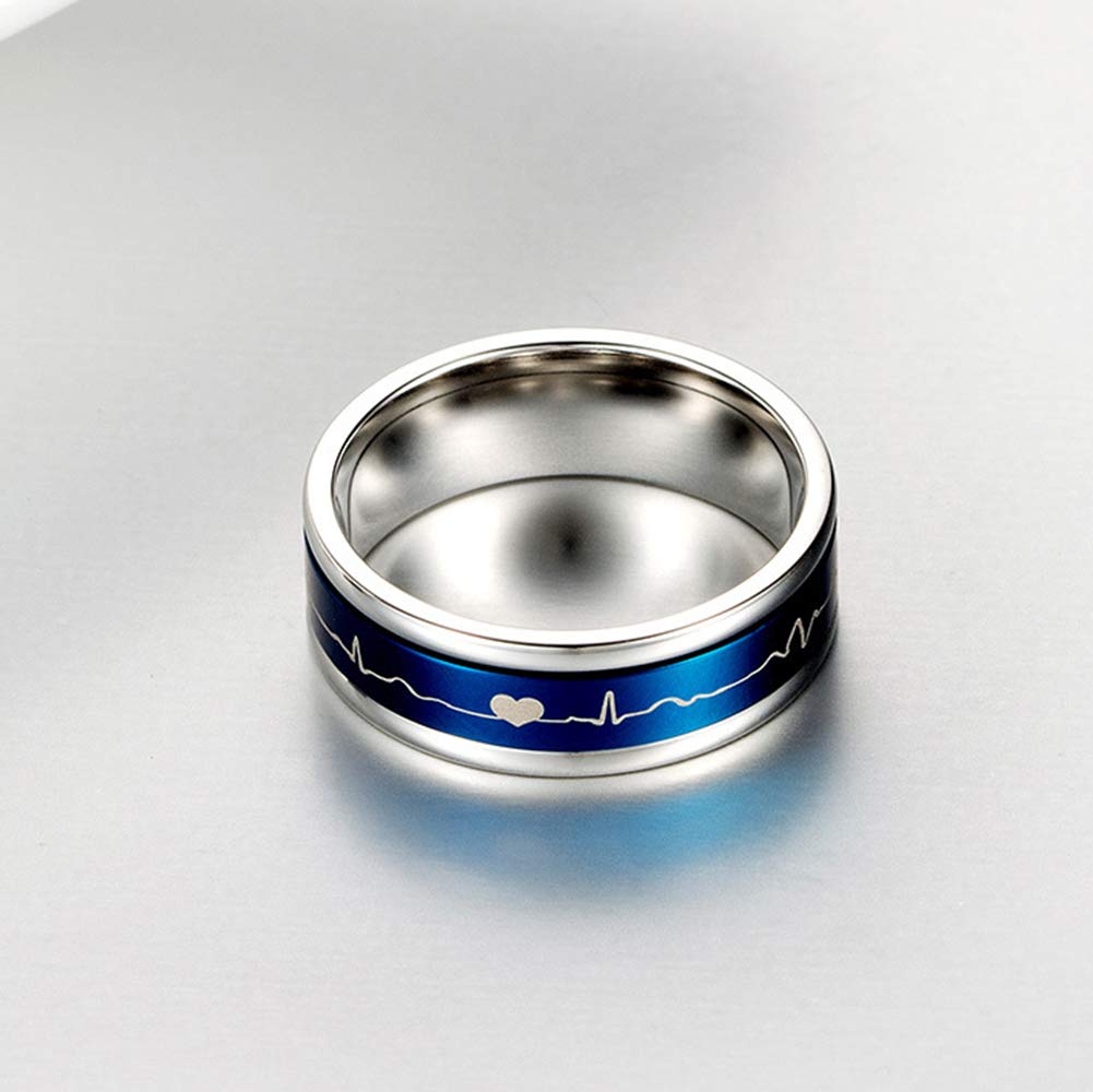 HIJONES Unisex 7MM Love ECG Heartbeat Spinner Ring Stainless Steel Wedding Promise Band Blue Size 8