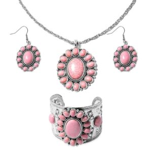 Howlite Jewelry Set - Pink Western Jewelry for Women - Turquoise Inspired Necklace, Earrings & Cuff Bracelet Set - Southwestern Chunky Statement Necklace in Stainless Steel - 26" Necklace Length