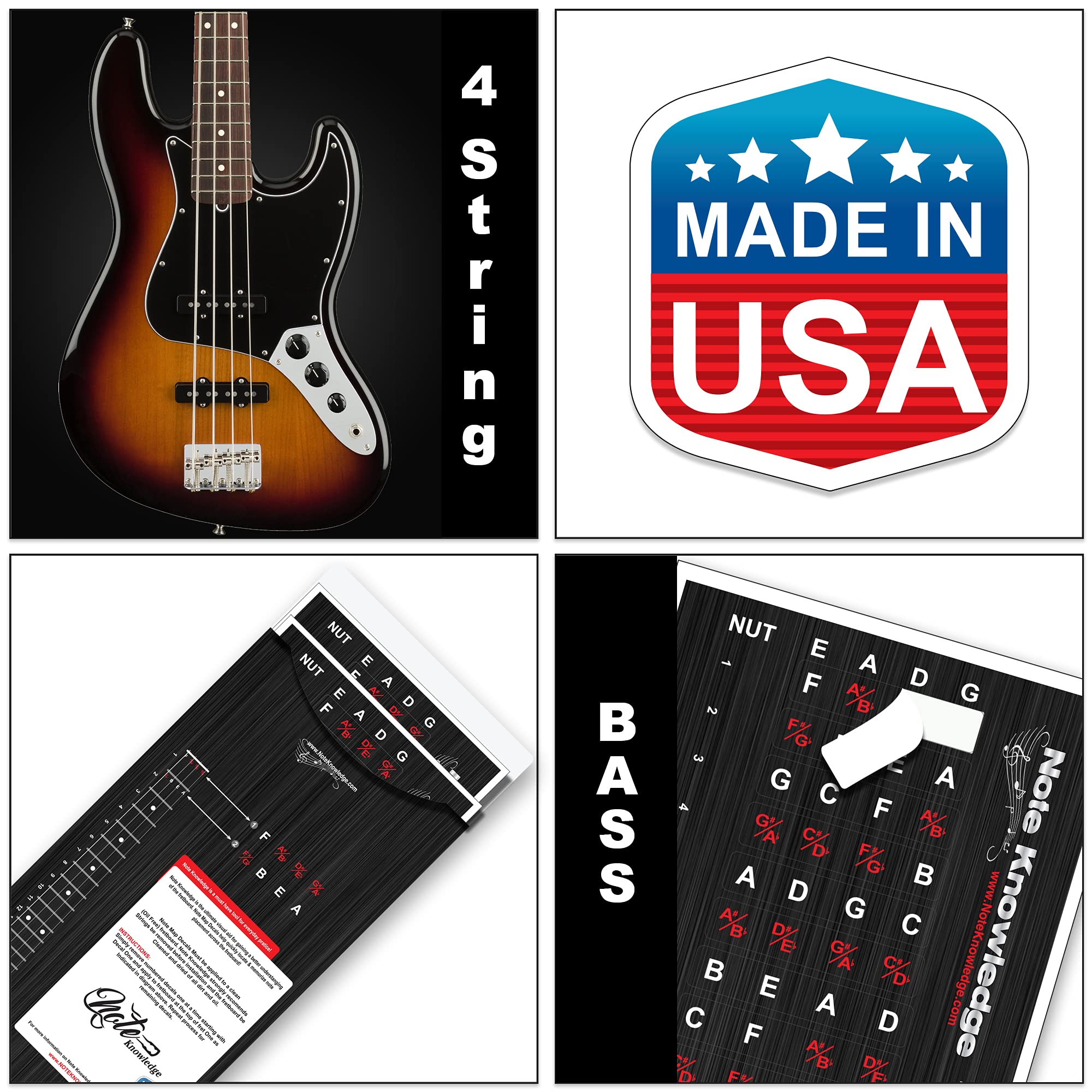 Bass Guitar Fretboard Note Map Decals/Stickers for Learning Notes, Chords & Scales.