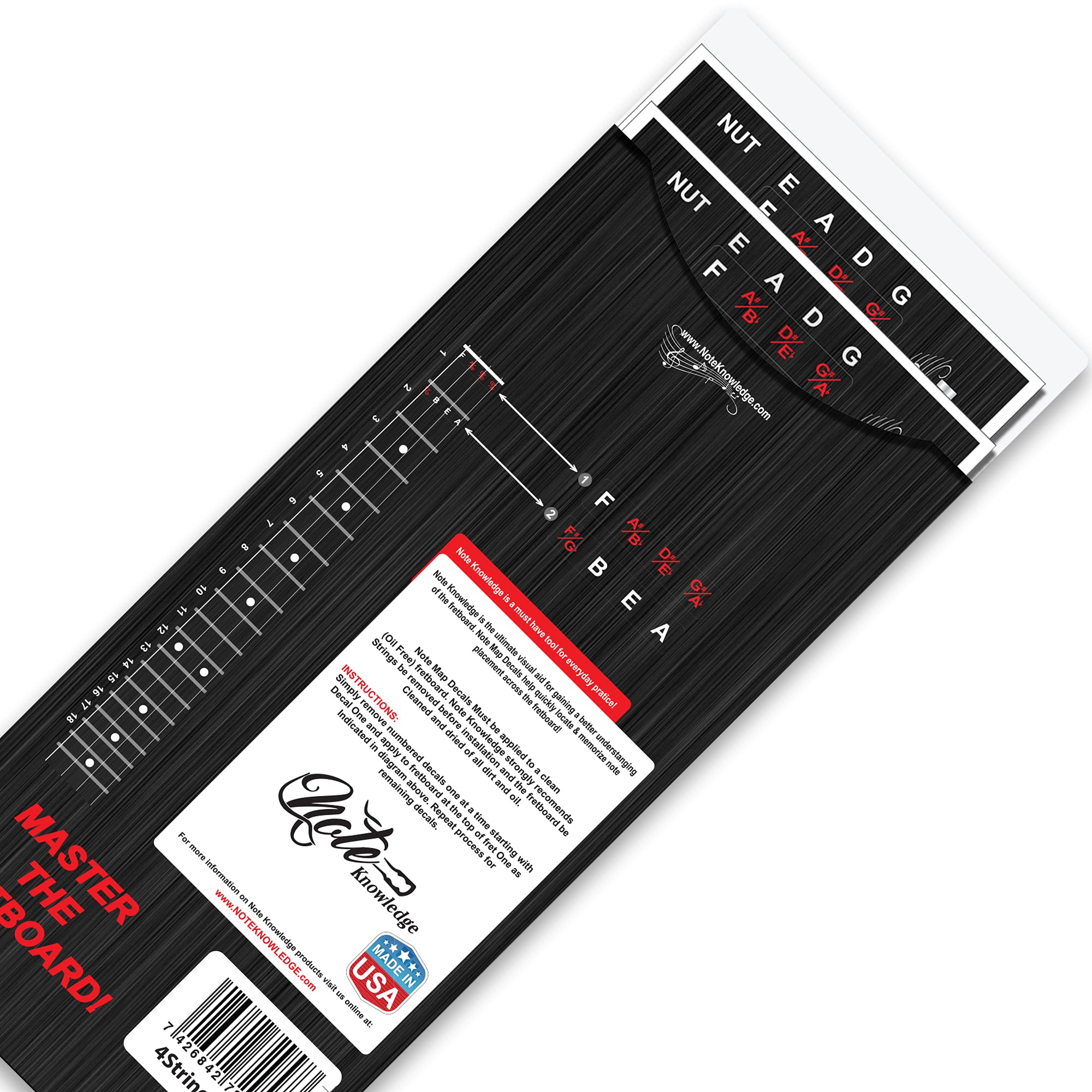 Bass Guitar Fretboard Note Map Decals/Stickers for Learning Notes, Chords & Scales.