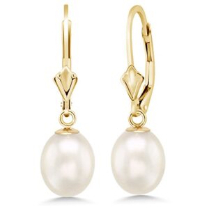 Gem Stone King 14K Yellow Gold 9MM Cultured Freshwater Pearl Dangle Earrings For Women