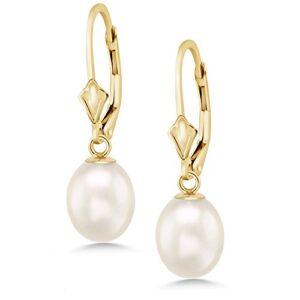 Gem Stone King 14K Yellow Gold 9MM Cultured Freshwater Pearl Dangle Earrings For Women