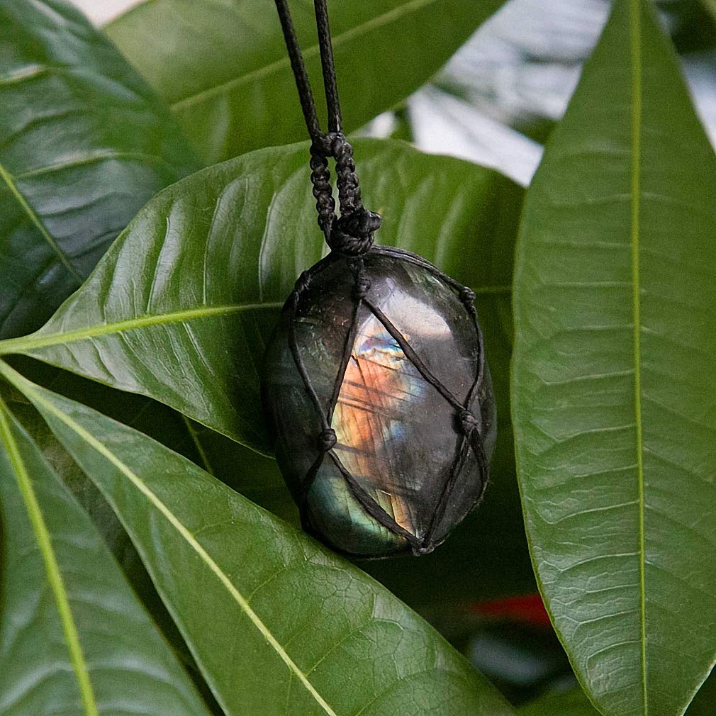 Tebapi Labradorite Pendant Necklace for Women, Natural Semi Precious Pendant with Braided Necklace for Women Men