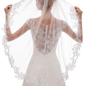 EllieHouse Womens Short Fingertip Length 1 Tier Lace Ivory Wedding Bridal Veil with Metal Comb L69IV