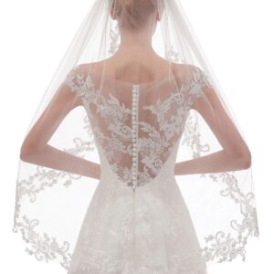 EllieHouse Womens Short Fingertip Length 1 Tier Lace Ivory Wedding Bridal Veil with Metal Comb L69IV