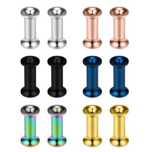 Lcolyoli Ear Gauges Tunnels Plugs Stainless Steel Screwed Flesh Expander Earrings Body Piercing Jewelry with Double Flared Set for Women Men 8G 12 Pieces Silver Rose Gold Black Blue Rainbow