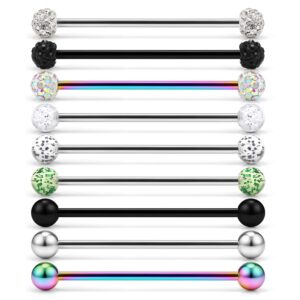 lcolyoli 14g stainless steel industrial barbell earrings for women men cartilage helix rings piercing jewelry 9 pieces 1 1/4 inch (32mm) rainbow black silver