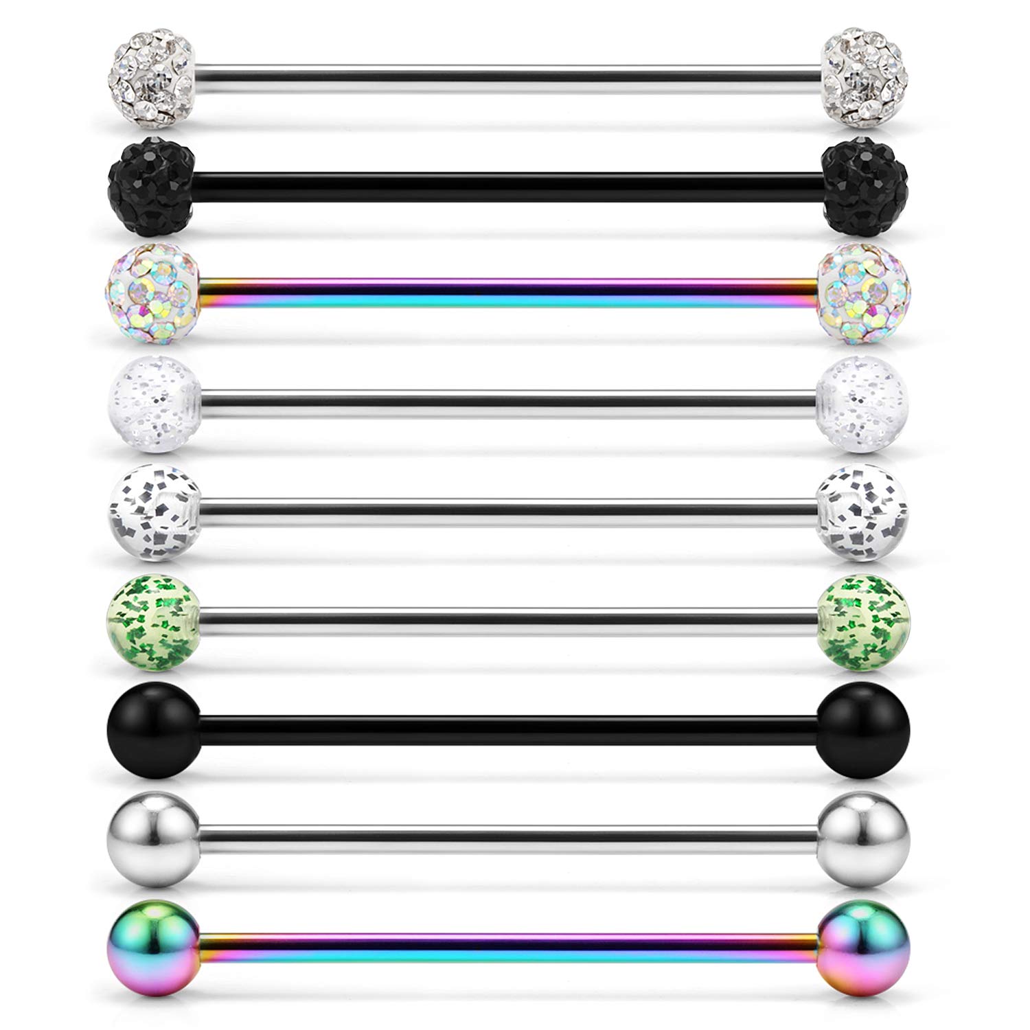 Lcolyoli 14G Stainless Steel Industrial Barbell Earrings for Women Men Cartilage Helix Rings Piercing Jewelry 9 Pieces 1 1/4 Inch (32mm) Rainbow Black Silver