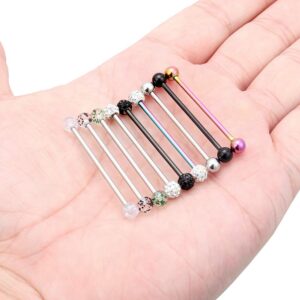 Lcolyoli 14G Stainless Steel Industrial Barbell Earrings for Women Men Cartilage Helix Rings Piercing Jewelry 9 Pieces 1 1/4 Inch (32mm) Rainbow Black Silver