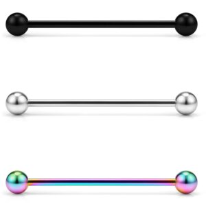 Lcolyoli 14G Stainless Steel Industrial Barbell Earrings for Women Men Cartilage Helix Rings Piercing Jewelry 9 Pieces 1 1/4 Inch (32mm) Rainbow Black Silver