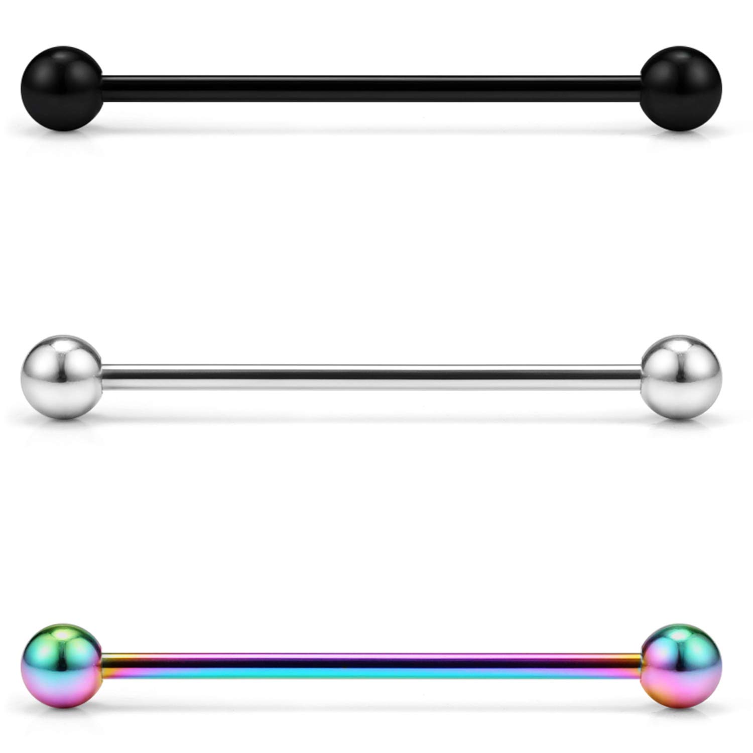 Lcolyoli 14G Stainless Steel Industrial Barbell Earrings for Women Men Cartilage Helix Rings Piercing Jewelry 9 Pieces 1 1/4 Inch (32mm) Rainbow Black Silver