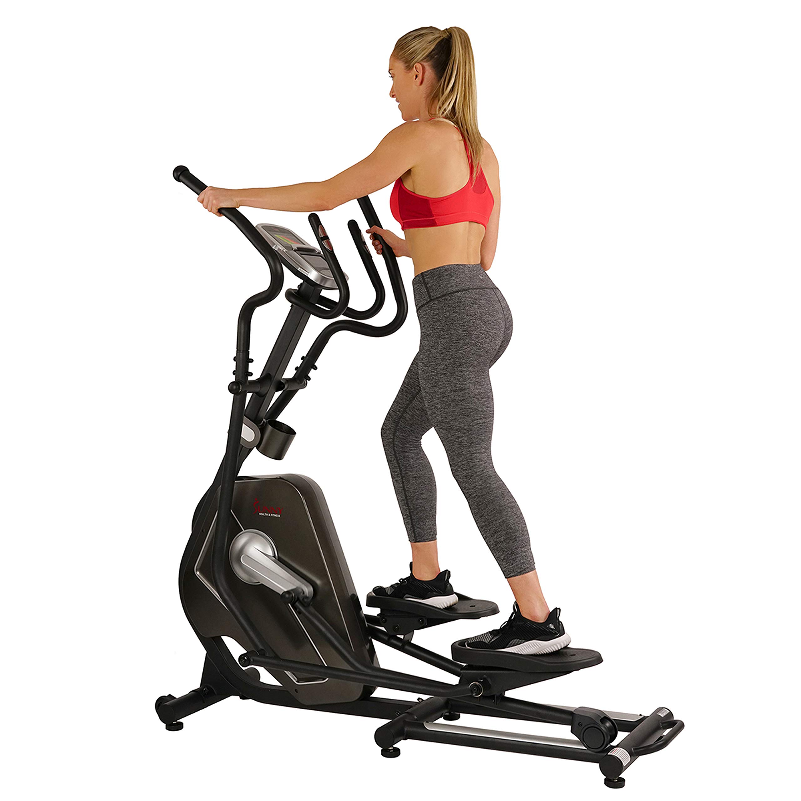 Sunny Health & Fitness Magnetic Elliptical Trainer Machine w/Device Holder, LCD Monitor, 265 LB Max Weight and Pulse Monitoring - Circuit Zone, Black (SF-E3862)