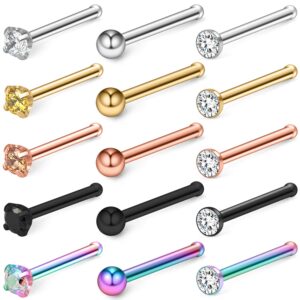 Lcolyoli Nose Ring 20 Gauge Surgical Steel Nose Stud Bone for Women Body Piercing Jewelry with Clear Diamond Round CZ 15 Pieces Silver Ball 1.5mm Men Silver-tone Rose Gold Black Ball