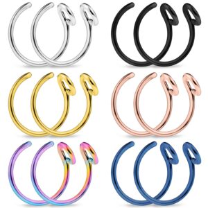 lcolyoli fake nose rings hoop surgical steel tribal faux clip on earrings nostril hoop ring body jewelry piercing women men 20 gauge 5/16"(8mm) 12 pieces silver-tone rose gold black rainbow