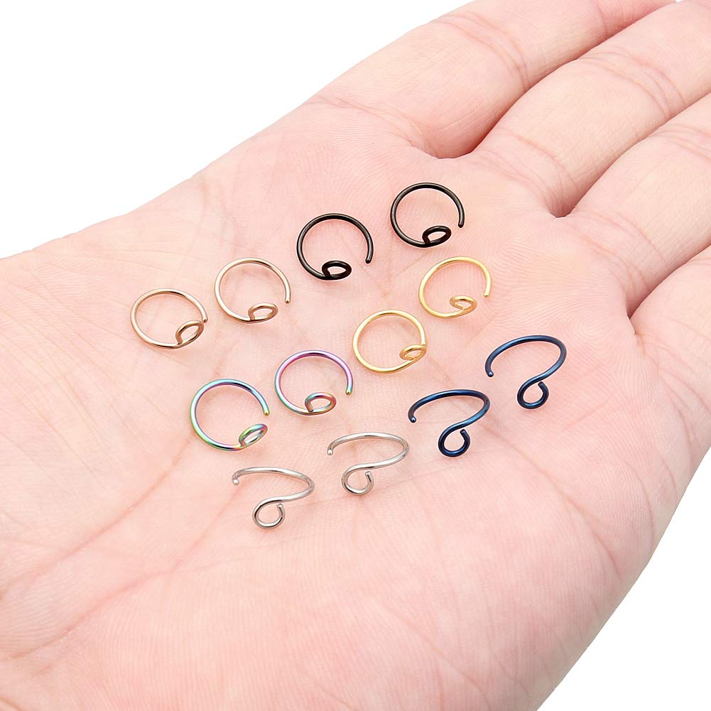 Lcolyoli Fake Nose Rings Hoop Surgical Steel Tribal Faux Clip On Earrings Nostril Hoop Ring Body Jewelry Piercing Women Men 20 Gauge 5/16"(8mm) 12 Pieces Silver-tone Rose Gold Black Rainbow