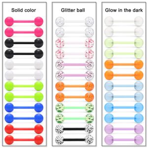 Lcolyoli 36Pcs 14G Glow in Dark Flexible Bioflex Acrylic Straight Tongue Barbell Nipple Ring Nipplerings Retainer Piercing Jewelry for Women Men 16mm Bar