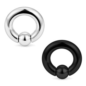 Lcolyoli 2PCS PA Ring Internally Threaded Captive Bead Rings Spring Action CBR Monster Screwball Rings 316L Surgical Steel Pierced Body Jewelry 4G Silver-tone Black 16mm