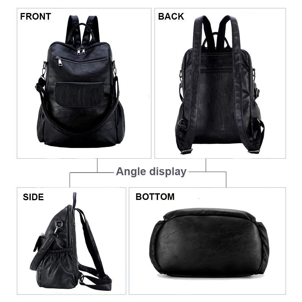 ASDSSRY Women's fashion washed pu leather designer backpack best waterproof travel shopping rucksacks tote (Black PU【Increase】)