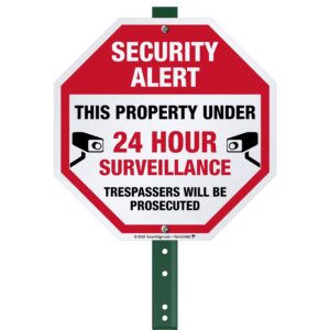 SmartSign 10" x 10" 'Security Alert Property Under 24 Hour Surveillance, Trespassers Prosecuted' Yard Sign with 3 ft Stake, 40 mil Laminated Aluminum, Red/Black/White, Set of 1, USA-Made