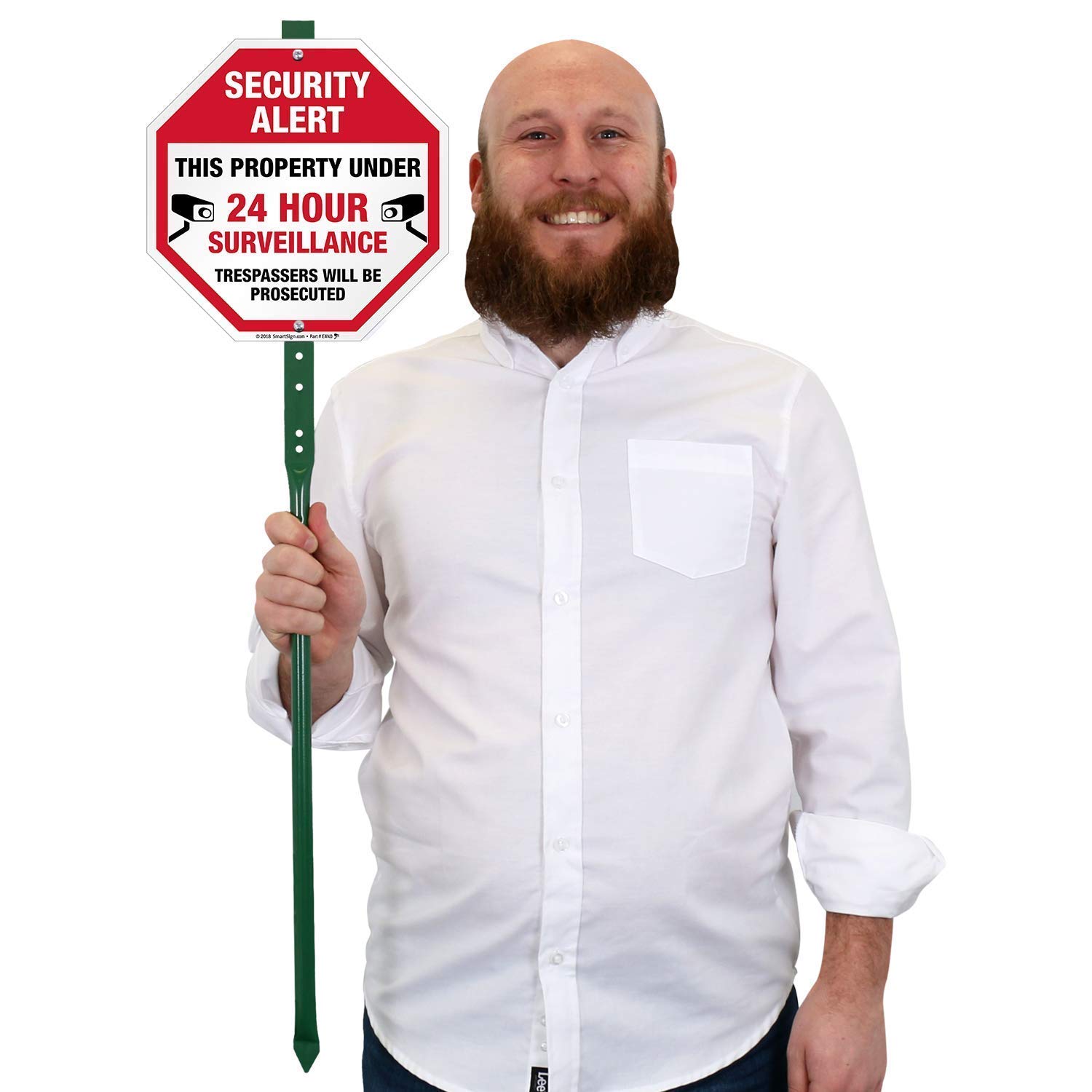 SmartSign 10" x 10" 'Security Alert Property Under 24 Hour Surveillance, Trespassers Prosecuted' Yard Sign with 3 ft Stake, 40 mil Laminated Aluminum, Red/Black/White, Set of 1, USA-Made