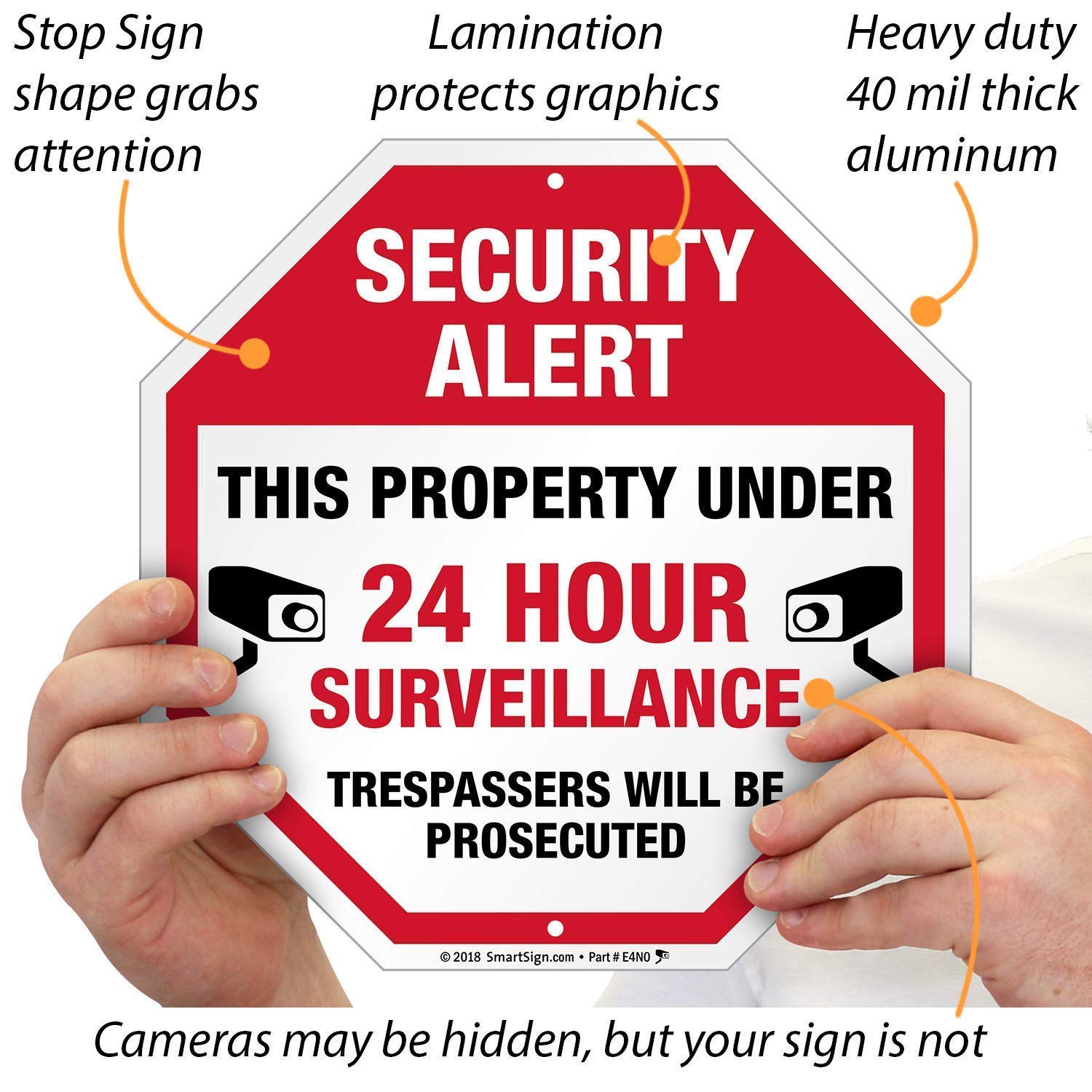 SmartSign 10" x 10" 'Security Alert Property Under 24 Hour Surveillance, Trespassers Prosecuted' Yard Sign with 3 ft Stake, 40 mil Laminated Aluminum, Red/Black/White, Set of 1, USA-Made