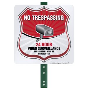 smartsign 10 x 10 inch “no trespassing - 24 hour video surveillance, trespassers will be prosecuted” yard sign with 3 foot stake, 40 mil laminated rustproof aluminum, multicolor, set of 1, usa-made