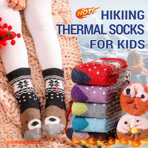 Eocom 6 Pairs Children's Winter Warm Wool Animal Crew Socks Kids Boys Girls Socks (6 Pairs Bear, 4-7 Years)