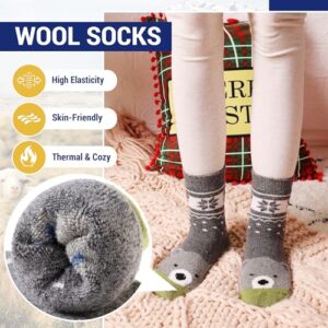 Eocom 6 Pairs Children's Winter Warm Wool Animal Crew Socks Kids Boys Girls Socks (6 Pairs Bear, 4-7 Years)