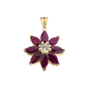 Exotic 10k Yellow Gold Daisy Diamond and Ruby Flower Pendant