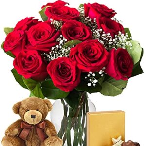 From You Flowers - One Dozen Red Roses & Chocolate & Teddy Bear with Glass Vase (Fresh Flowers) Birthday, Anniversary, Get Well, Sympathy, Congratulations, Thank You