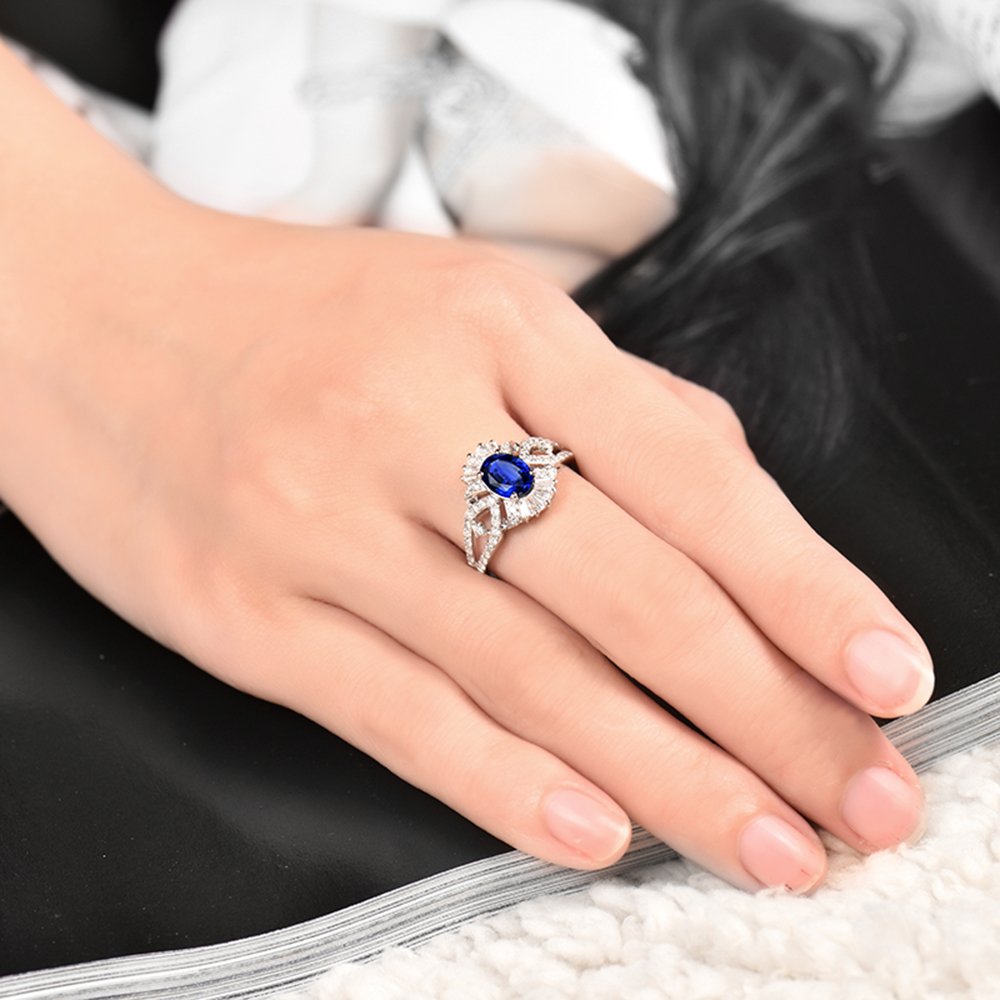 Lanmi 14K White Gold Natural Blue Sapphire Diamonds Ring Engagement Wedding Band for Women