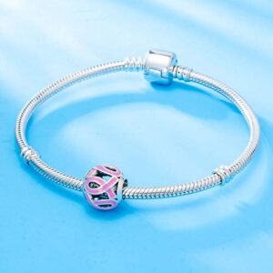 ARTCHARM Pink Ribbon Charm Breast Cancer Awareness Charm Beads Sterling Silver European-style Bead Charm