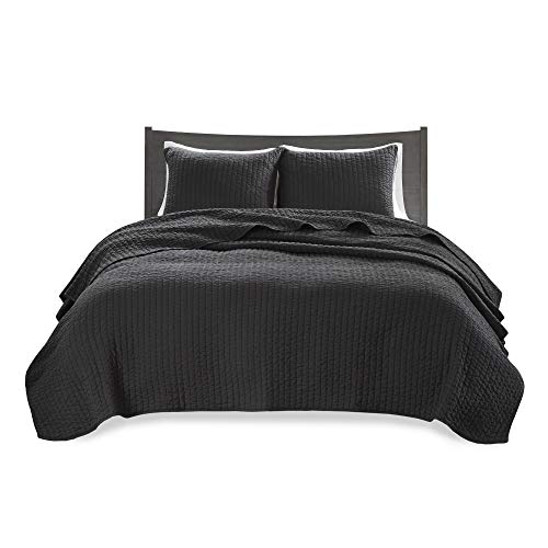 Madison Park Keaton Quilt Set-Casual Channel Stitching Design All Season, Lightweight Coverlet Bedspread Bedding, Shams, Full/Queen(90"x90"), Stripe Black