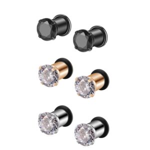 3Pairs Lightweight Ear Gauges Plugs Tunnels 2G/6mm 316L Stainless Steel Prong Setting Clear/Black CZ Ear Stretcher Expander Plugs with Rubber O-Rings (A01:3Pairs(2G=6mm))