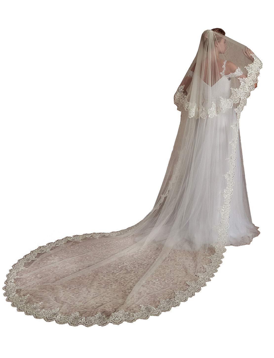 EllieHouse Cathedral Length 2 Tier Lace Bridal Wedding Veil For Bride Ivory 3 M