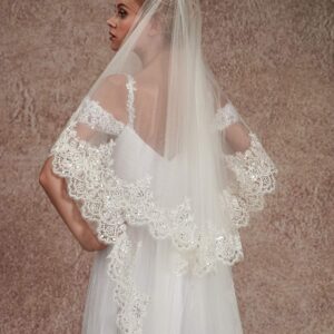 EllieHouse Cathedral Length 2 Tier Lace Bridal Wedding Veil For Bride Ivory 3 M