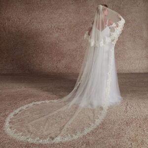 EllieHouse Cathedral Length 2 Tier Lace Bridal Wedding Veil For Bride Ivory 3 M