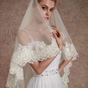 EllieHouse Cathedral Length 2 Tier Lace Bridal Wedding Veil For Bride Ivory 3 M