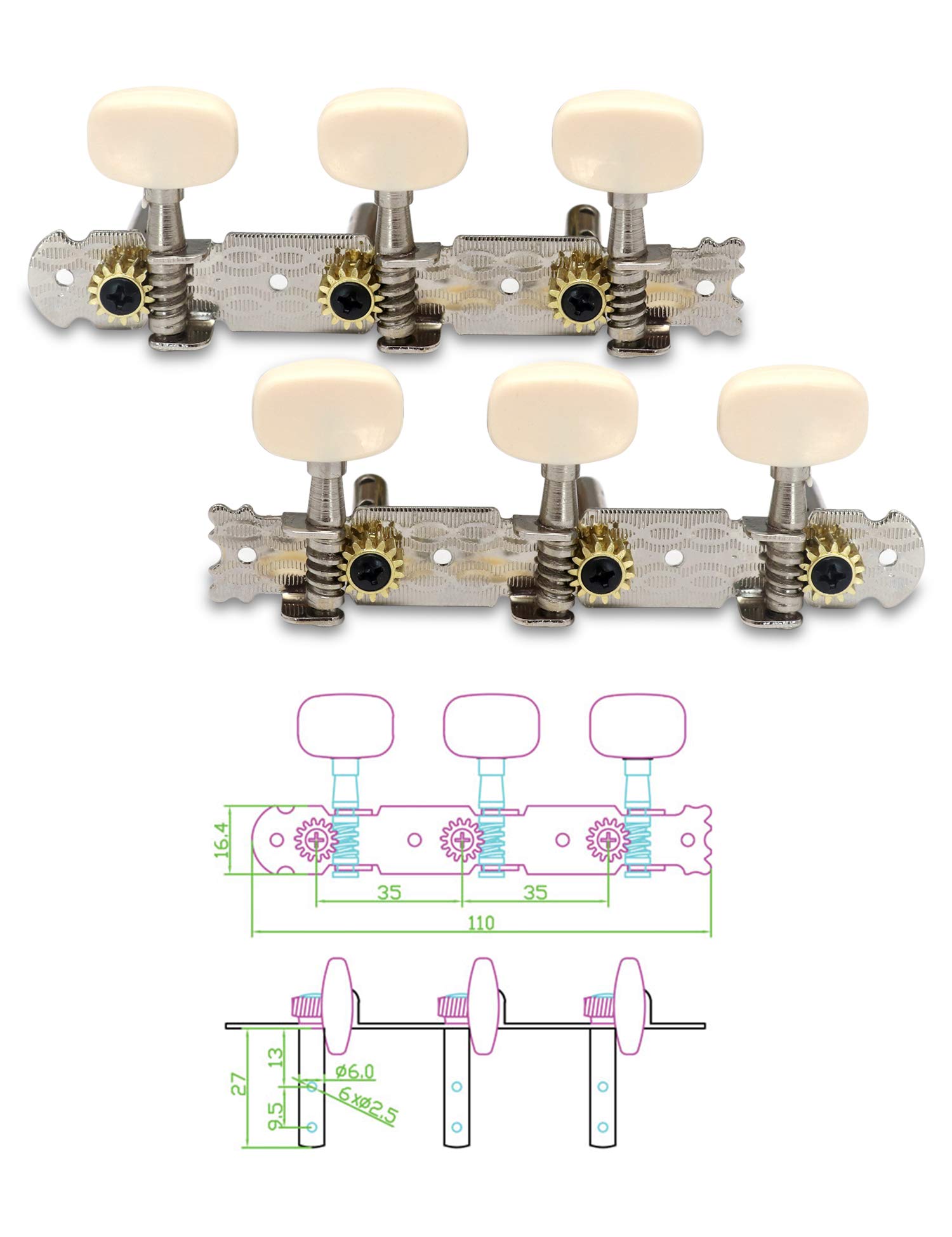 Metallor 3 on a Plank Guitar Tuning Pegs Chrome Plated Machine Heads Tuning Keys Tuners Single Hole for Classical Guitar 3L 3R. (G326)