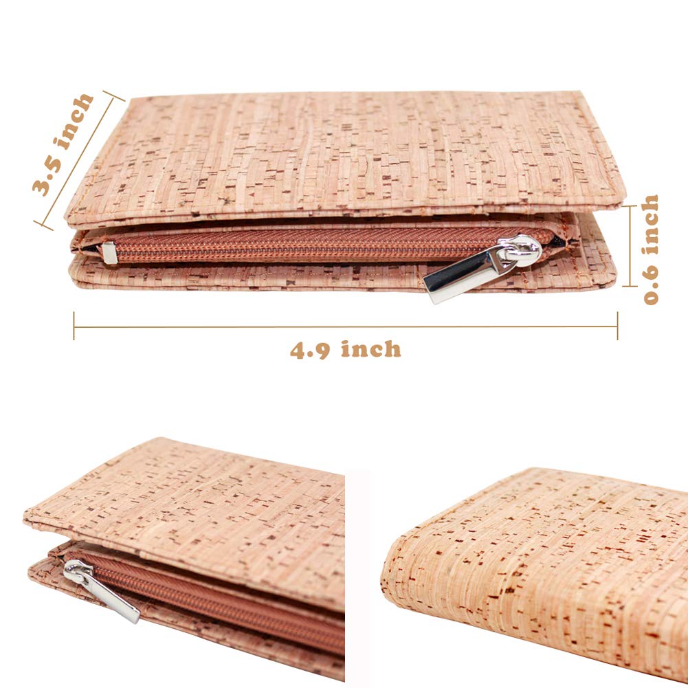 boshiho Eco Cork Friendly RFID Blocking Wallet Bi-fold Card Holder Vertical Wallet With Zippered Coin Purse & ID Window (01-Cork)