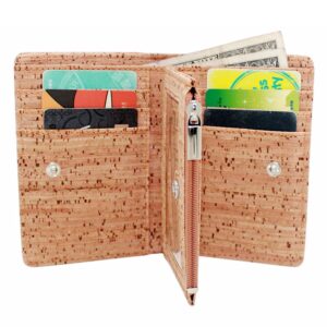 boshiho Eco Cork Friendly RFID Blocking Wallet Bi-fold Card Holder Vertical Wallet With Zippered Coin Purse & ID Window (01-Cork)