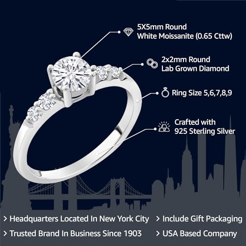 Gem Stone King 925 Sterling Silver 5MM Round Gemstone Birthstone and White Lab Grown Diamond Engagement Ring | Wedding Anniversary Promise Ring For Women | Available In Size 5, 6, 7, 8, 9