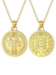 u7 women men 18k gold plated 925 sterling silver 1.5mm dainty chain & coin saint benedict pendant necklace