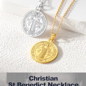 U7 Women Men 18K Gold Plated 925 Sterling Silver 1.5mm Dainty Chain & Coin Saint Benedict Pendant Necklace