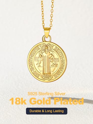 U7 Women Men 18K Gold Plated 925 Sterling Silver 1.5mm Dainty Chain & Coin Saint Benedict Pendant Necklace