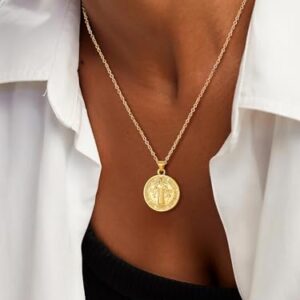 U7 Women Men 18K Gold Plated 925 Sterling Silver 1.5mm Dainty Chain & Coin Saint Benedict Pendant Necklace