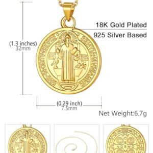 U7 Women Men 18K Gold Plated 925 Sterling Silver 1.5mm Dainty Chain & Coin Saint Benedict Pendant Necklace