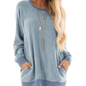 GADEWAKE Womens Casual Color Block Long Sleeve Round Neck Pocket T Shirts Blouses Sweatshirts Tops Gray Blue