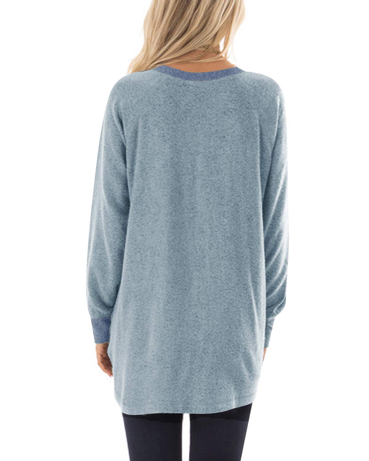 GADEWAKE Womens Casual Color Block Long Sleeve Round Neck Pocket T Shirts Blouses Sweatshirts Tops Gray Blue